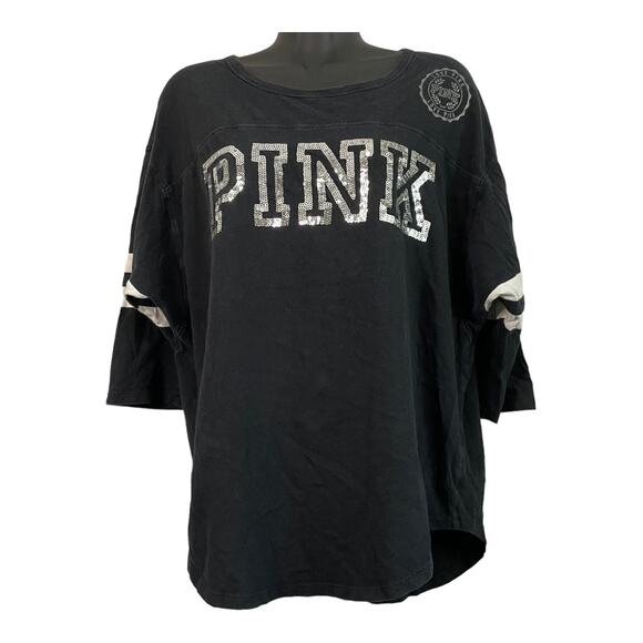 Victoria's Secret Tops - Victoria's Secret PINK Silver Sequin Logo Size Small 3/4 Sleeve Black T-Shirt